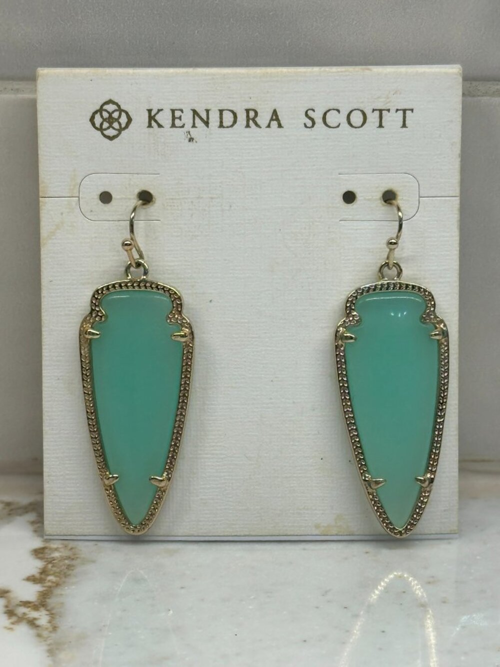 NWT Kendra Scott Skylar Drop Earrings Green Chalcedony Gold Arrowhead BOHO